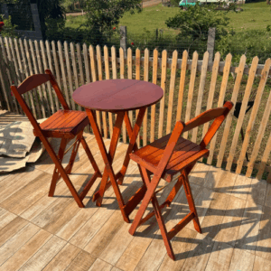 Conjunto Bistrô Mesa Dobrável de Madeira Redonda com 2 Banquetas
