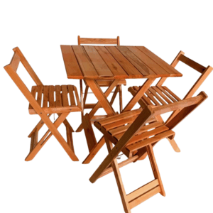 Conjunto Mesa Dobrável Ripado Com 4 Cadeiras Madeira